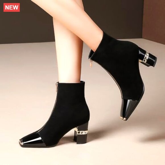 Women's Ankle Boots Chunky Heels Suede Metal Toe Zipper Dress Booties - Picture 6 of 6